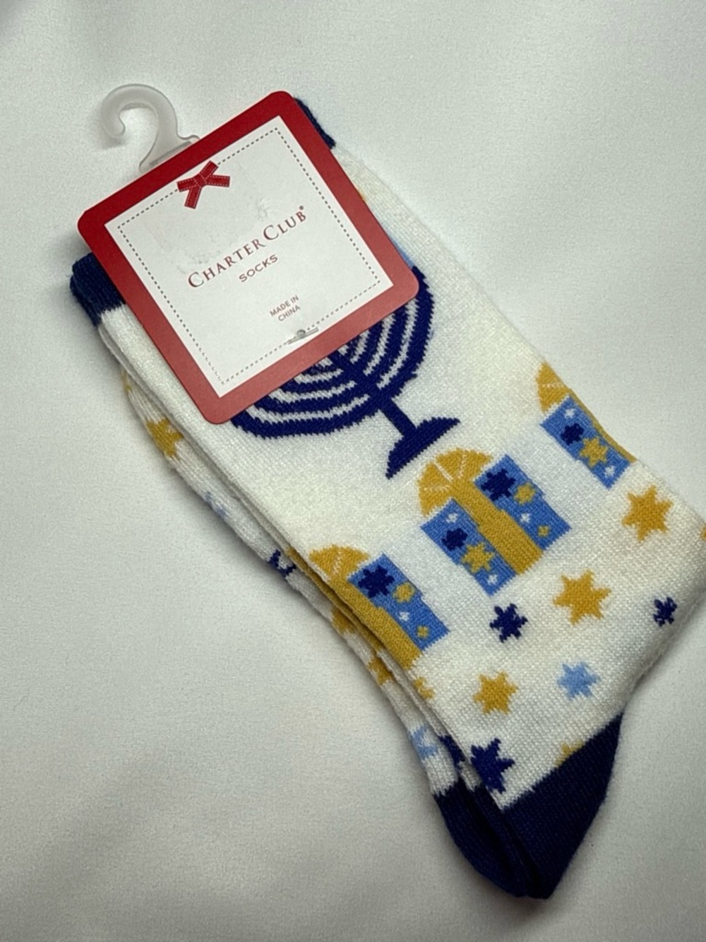 Charter Club Men’s White Socks with Blue Menorah & Gold Gift Motif